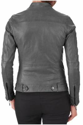Women's grey real genuine lambskin leather cafe racer jacket 2