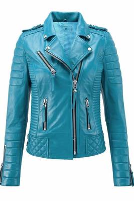 Women's real lambskin turquoise leather biker jacket 1