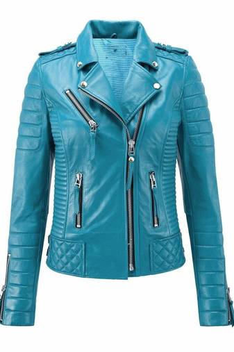 Women's real lambskin turquoise leather biker jacket