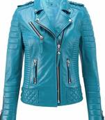 Women's real lambskin turquoise leather biker jacket