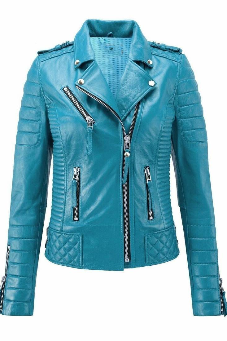 Women's real lambskin turquoise leather biker jacket
