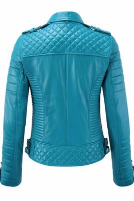 Women's real lambskin turquoise leather biker jacket 2