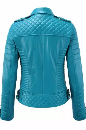 Women's real lambskin turquoise leather biker jacket