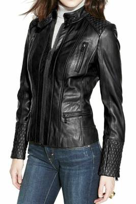 Women's black quilted real geuine lambskin leather biker jacket 1