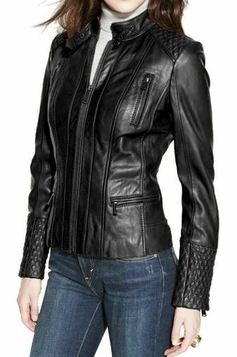 Women's black quilted real geuine lambskin leather biker jacket