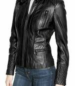 Women's black quilted real geuine lambskin leather biker jacket