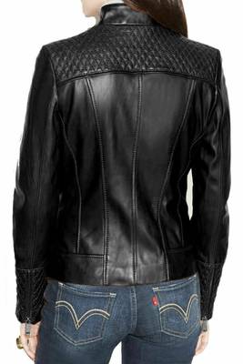 Women's black quilted real geuine lambskin leather biker jacket 2