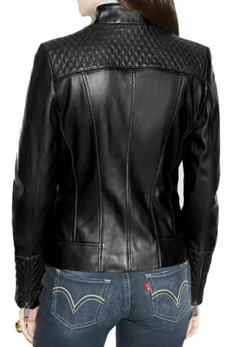 Women's black quilted real geuine lambskin leather biker jacket