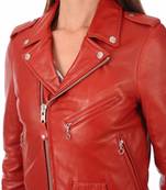 Women's red belted biker leather jacket genuine casual
