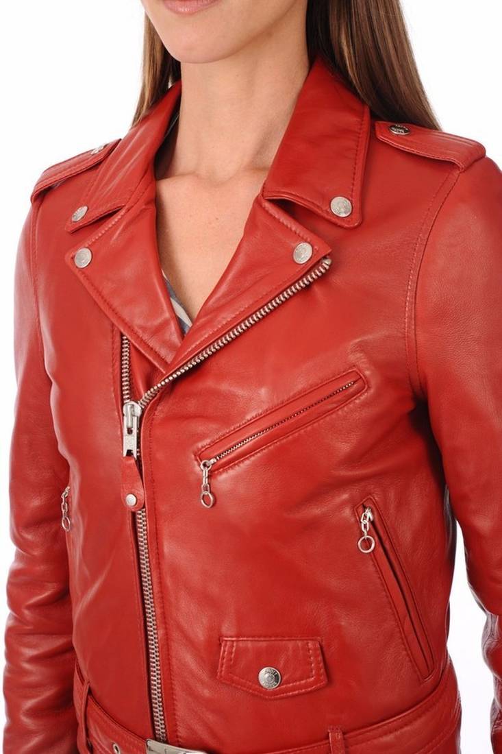 Women's red belted biker leather jacket genuine casual