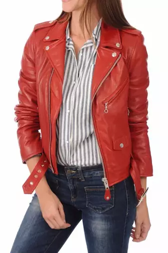 Women's red belted biker leather jacket genuine casual