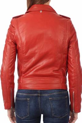 Women's red belted biker leather jacket genuine casual 3