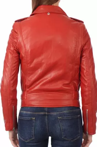 Women's red belted biker leather jacket genuine casual