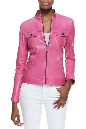 Women's pink zipper leather casual style daily wear jacket