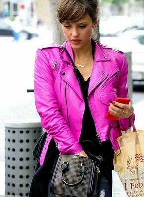 Women's pink moto biker leather jacket real lambskin stylish casual 3