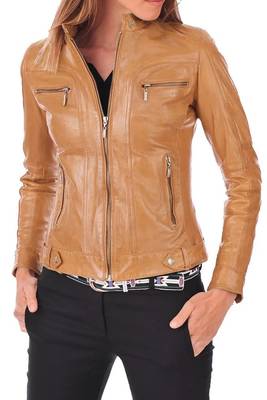 Women's tan cafe racer leather genuine lambskin biker jacket 1