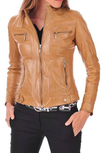 Women's tan cafe racer leather genuine lambskin biker jacket