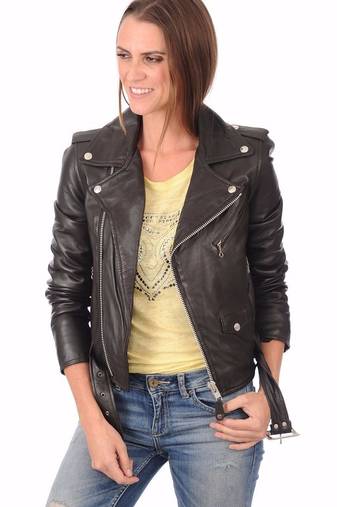 Women's genuine lambskin black belted biker jacket