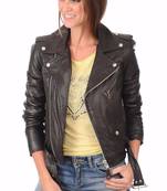 Women's genuine lambskin black belted biker jacket