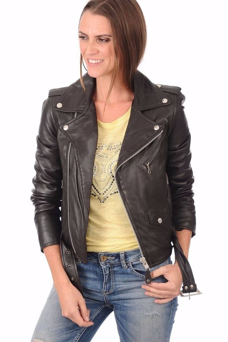 Women's genuine lambskin black belted biker jacket