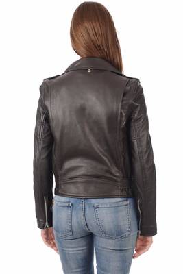 Women's genuine lambskin black belted biker jacket 2