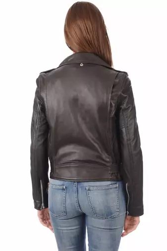 Women's genuine lambskin black belted biker jacket