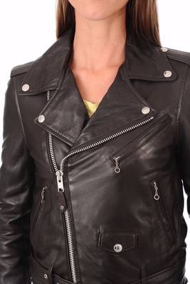 Women's genuine lambskin black belted biker jacket 3