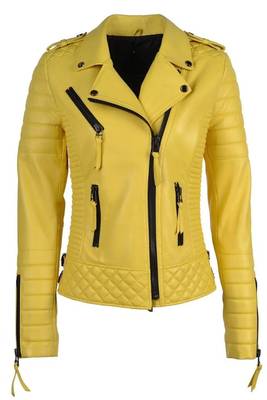 Women's yellow quilted real genuine lambskin leather moto biker jacket 1