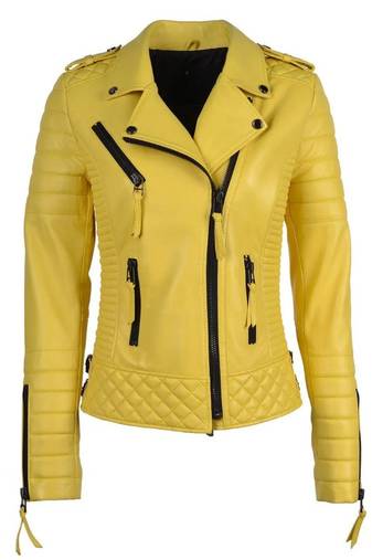 Women's yellow quilted real genuine lambskin leather moto biker jacket