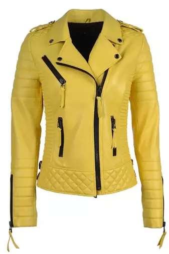 Women's yellow quilted real genuine lambskin leather moto biker jacket