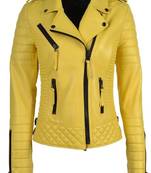 Women's yellow quilted real genuine lambskin leather moto biker jacket