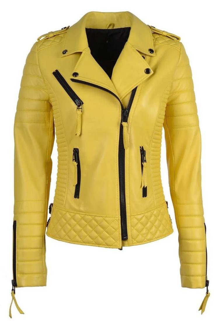 Women's yellow quilted real genuine lambskin leather moto biker jacket