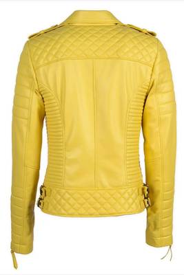 Women's yellow quilted real genuine lambskin leather moto biker jacket 2