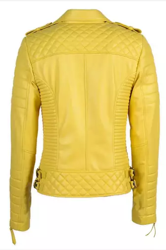 Women's yellow quilted real genuine lambskin leather moto biker jacket