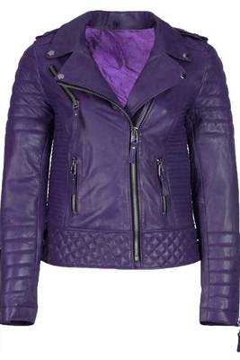 Women's genuine leather purple quilted biker jacket 1