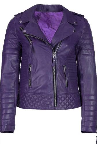 Women's genuine leather purple quilted biker jacket