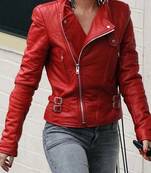 Women's genuine red leather moto biker jacket