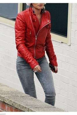 Women's genuine red leather moto biker jacket 2