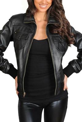 Women's black bomber biker genuine lambskin leather jacket 3