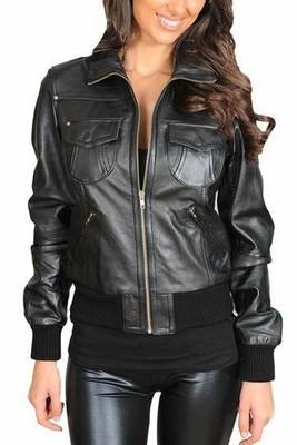 Women's black bomber biker genuine lambskin leather jacket 5