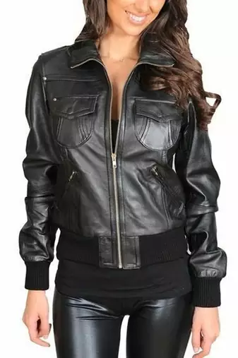 Women's black bomber biker genuine lambskin leather jacket