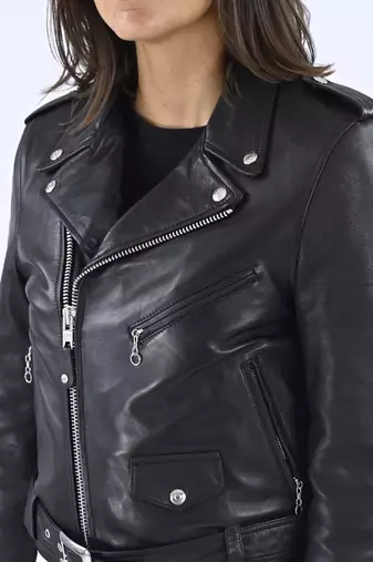 Women's black genuine classic belted biker jacket