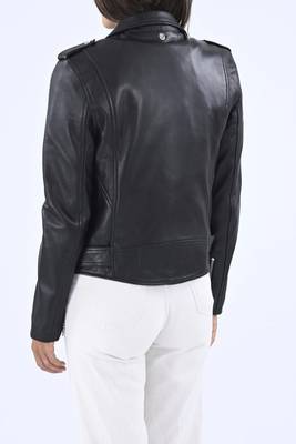 Women's black genuine classic belted biker jacket 2