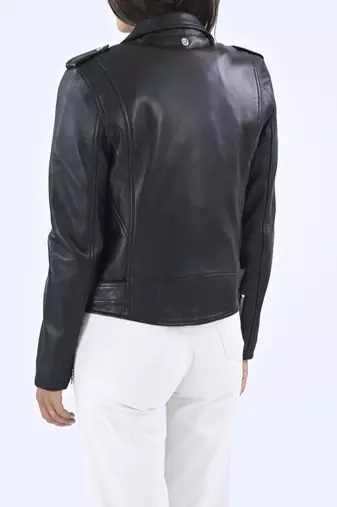 Women's black genuine classic belted biker jacket