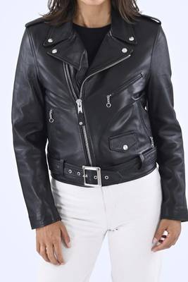 Women's black genuine classic belted biker jacket 3