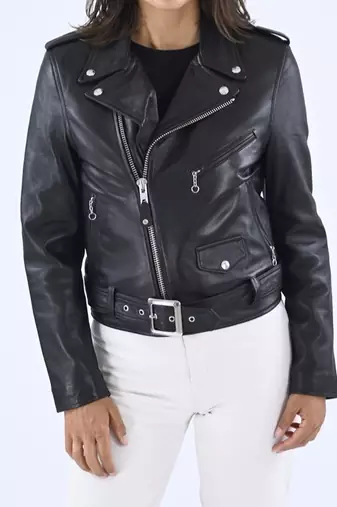 Women's black genuine classic belted biker jacket