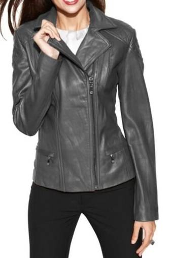 Women's grey soft genuine lambskin leather moto jacket