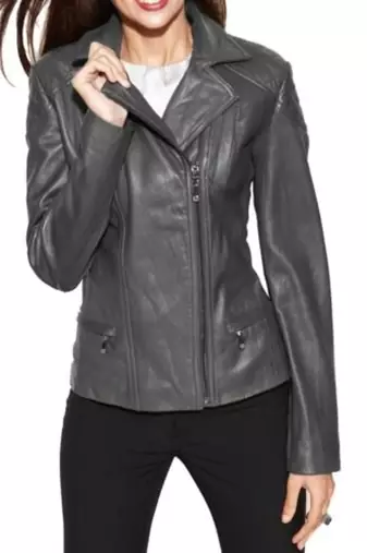 Women's grey soft genuine lambskin leather moto jacket