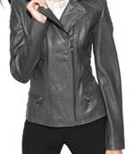 Women's grey soft genuine lambskin leather moto jacket