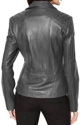 Women's grey soft genuine lambskin leather moto jacket 2
